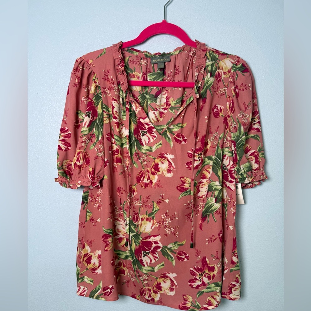 Style & Co. Dusty Pink Floral Tie-Neck Blouse
